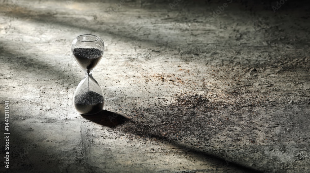 Poster hourglass casts an intricate shadow on a textured floor, evoking the passage of time and reflection 