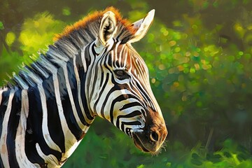 close-up of a zebra head with black and white stripes standing against a blurred green natural background showing detail and texture