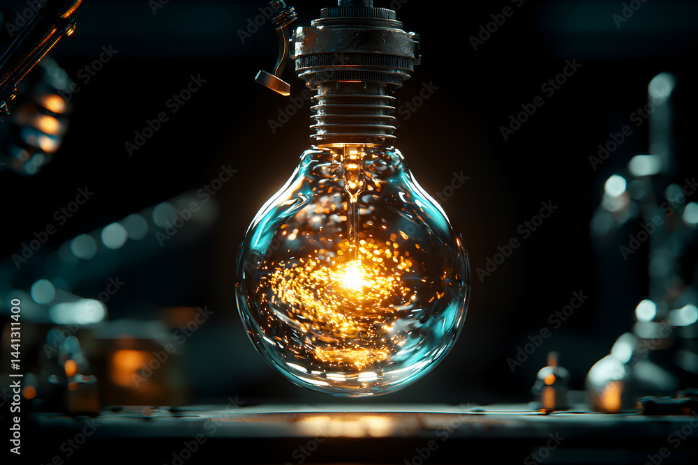 Poster a glowing lightbulb is the focal point. it has a steampunk aesthetic. this image is suitable for tec