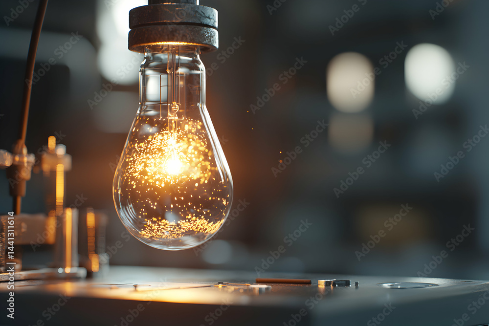 Poster a glowing light bulb shines brightly against a blurred background. it's a striking image suggesting 