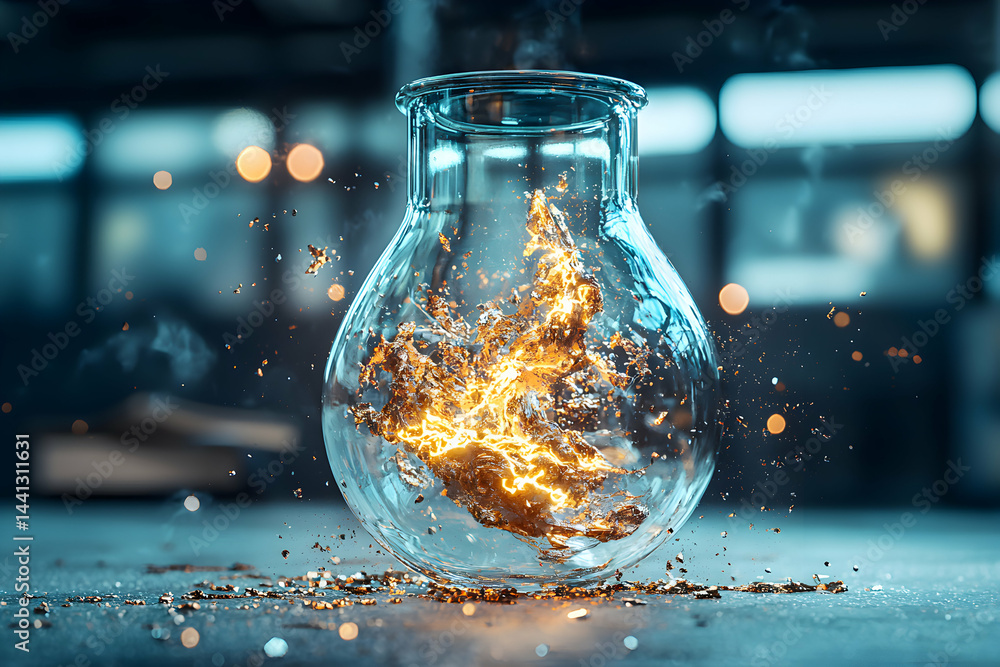 Poster a glass flask contains a luminous reaction. the image suggests scientific innovation discovery or th