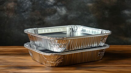 Fototapeta premium Realistic Photo of Aluminium Takeaway Containers Stack on Wooden Surface for Food Packaging Display