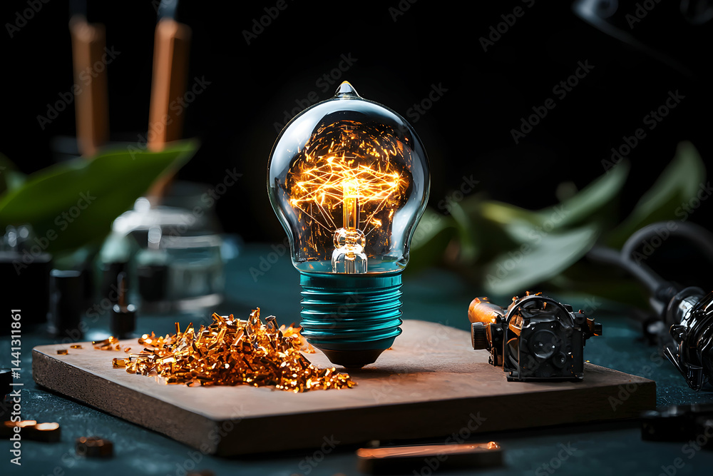 Poster a luminous lightbulb sits among mechanical components. it suggests innovation and the spark of new i