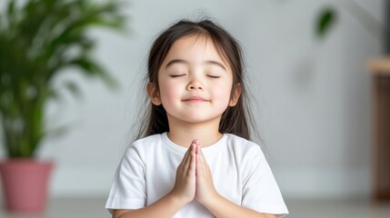 A young girl with closed eyes meditating with hands in prayer position, sitting indoors with blurred green plants in background, and peaceful and serene atmosphere.