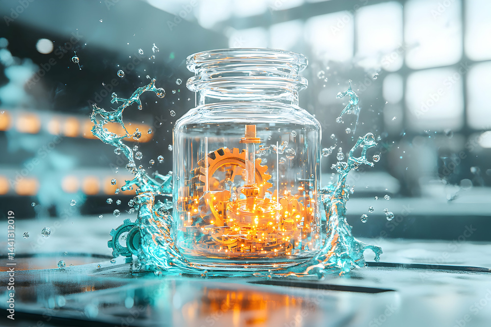 Poster a jar encasing intricate gears immersed in water suggesting innovation. use this for science tech or