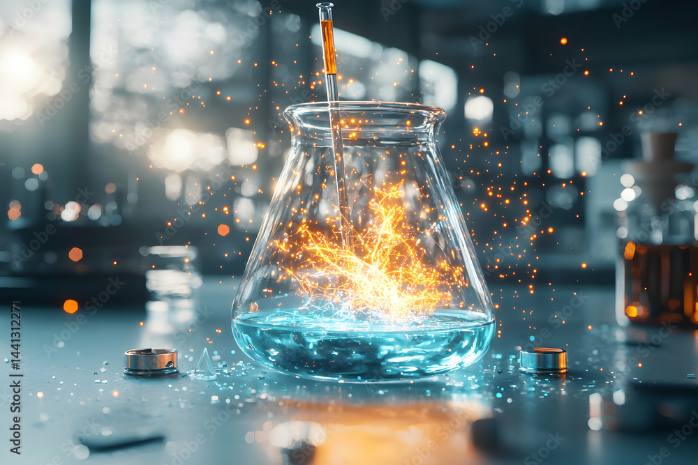 Poster a science lab flask glows with energy. the image can be used for scientific research technology pres