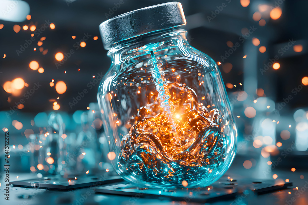 Poster an artistic rendering of a glass jar filled with energy. possibly a concept image for science or tec