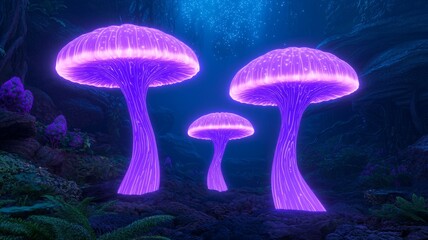 Glowing Purple Mushrooms In An Underwater Fantasy Landscape