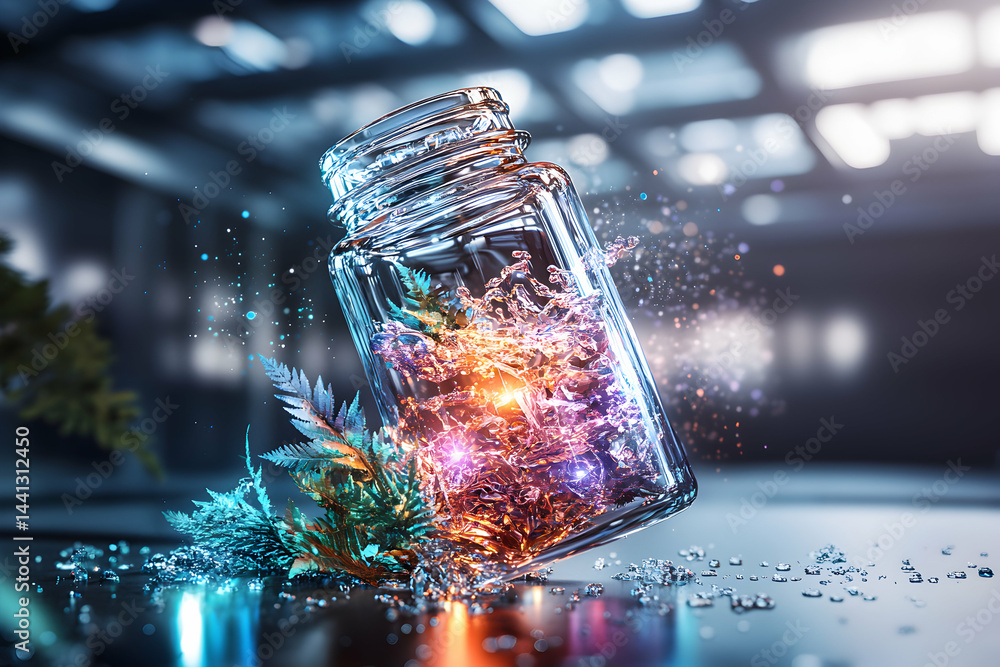 Poster a shimmering glass jar holds colorful energy. use it for science fiction art or fantasy themed proje