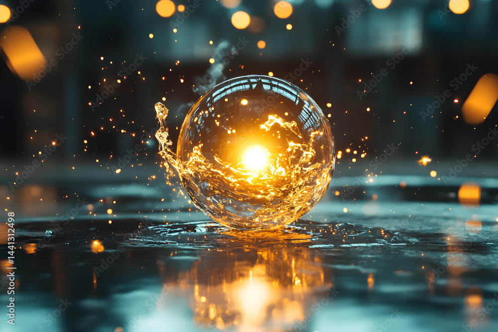 Poster a glowing sphere with water splashing effect representing energy and light. perfect for digital art 