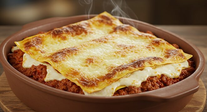 Layered lasagna with slow-cooked rag&ugrave;, b&eacute;chamel sauce, and Parmigiano, baked until golden, steam rising from a rustic ceramic dish.