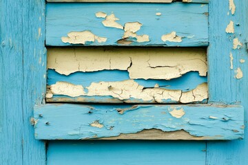 Fototapeta premium Close-up view of weathered, cracked blue paint on wooden shutters.