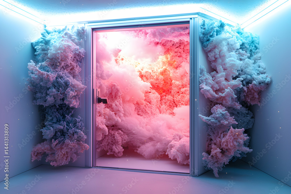 Poster an ethereal room with an open door revealing vibrant clouds. use it as art for your wall adding a dr