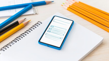 Mobile Phone On A Notebook With Writing Utensils On A Wooden Surface