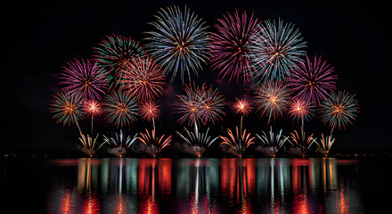 Vibrant fireworks illuminate the night sky, reflecting beautifully on the water below. A dazzling celebration!	