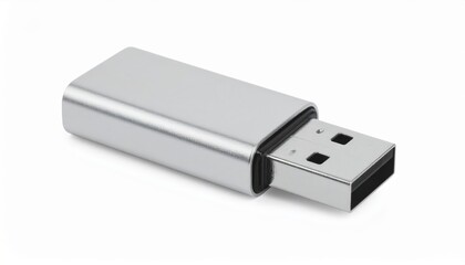 Sleek Silver USB Flash Drive Isolated on White Background Data Storage Device