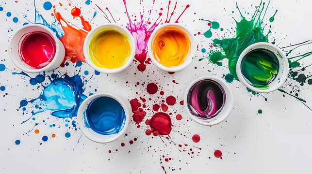 A colorful array of paint splatters on a white background