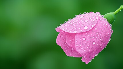 Fototapeta premium Pink Rosebud With Dew Drops On Green Background