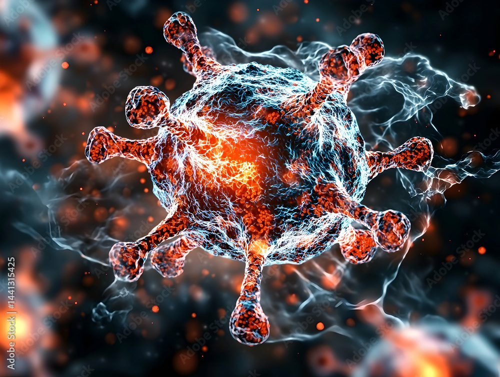 Poster artistic representation of a virus particle with intricate details and vibrant colors. suggests scie