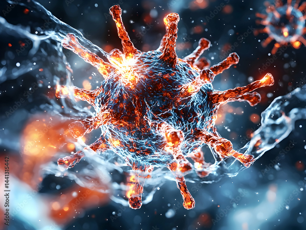 Poster a digitally rendered microscopic image of a virus particle. it shows details and a blue and orange c