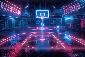 Futuristic indoor basketball court illuminated with neon pink and blue lights, creating a vibrant and immersive digital atmosphere