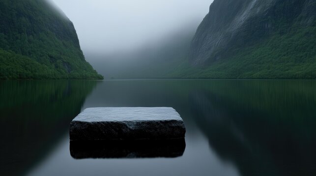 Calm, stone platform on a serene fjord lake, surrounded by misty mountains