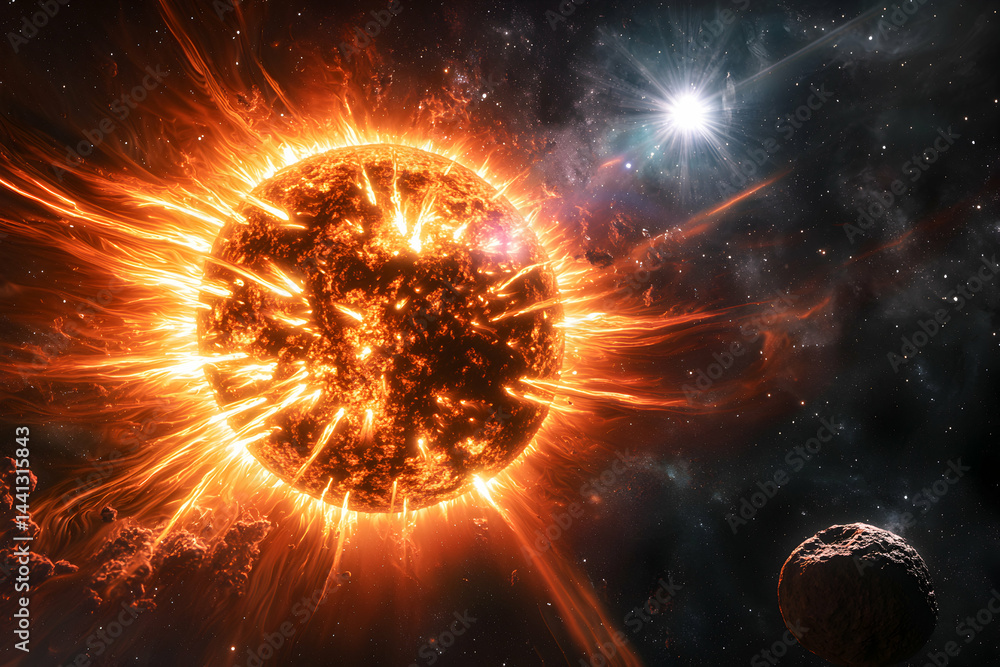 Poster an artistic depiction of a fiery sun erupting with solar flares. use it as a background for sci-fi p