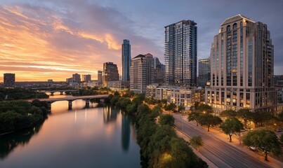 Naklejka premium Austin skyline at sunrise over Lady Bird Lake. Cityscape view of modern high-rise buildings reflected in the water, with a bridge and trees. Ideal for stock photography of urban landscapes