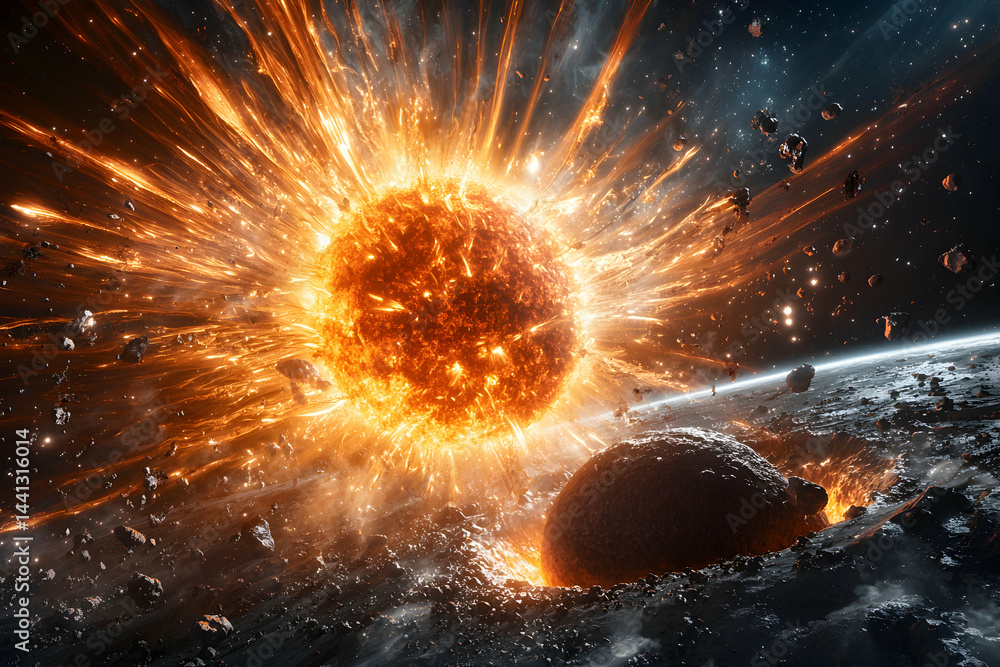 Poster a cosmic event unfolds with a bright star exploding energy across space. perfect for sci-fi designs 