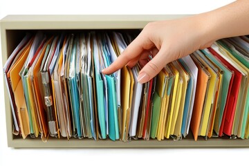 Hand sorting through colorful folders in an organized filing cabinet during office hours for document management and retrieval in a professional environment