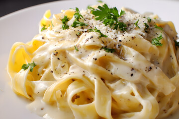 Wide flat ribbons of fettuccine pasta generously coated in creamy velvety white Alfredo sauce italian cuisine