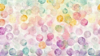 Soft watercolor pattern of multicolored semi-transparent circles overlapping on a light background creating a calm and dreamy atmosphere