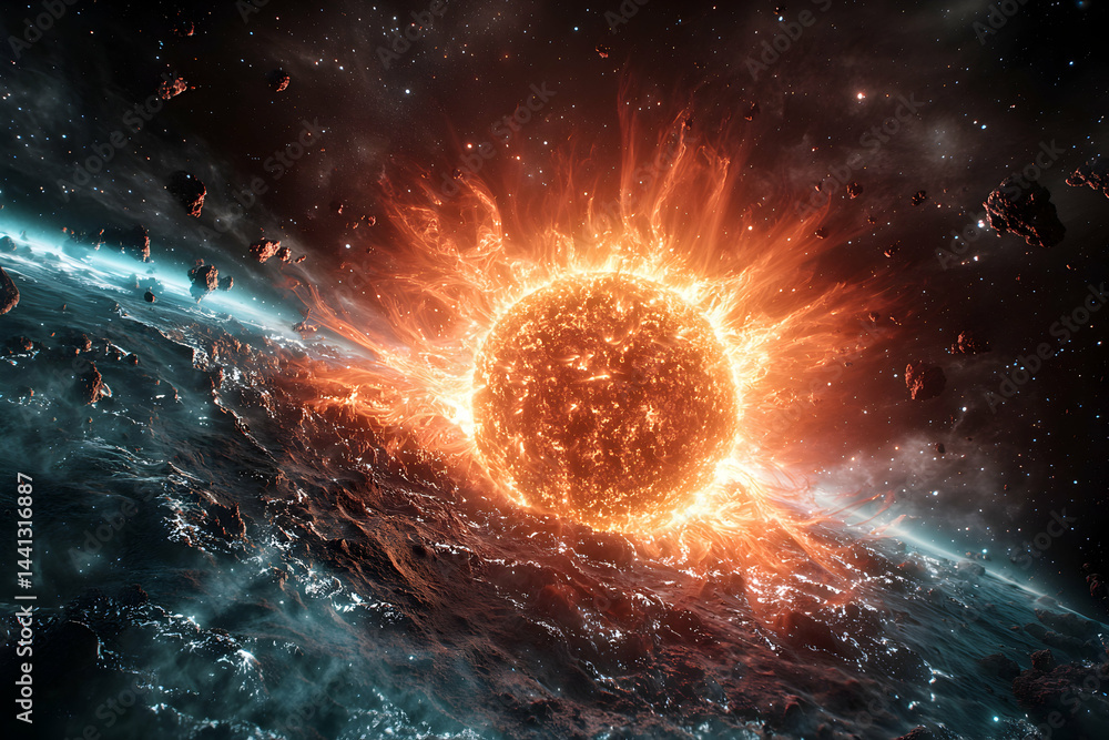 Poster a fiery star explodes in space. awesome visual for sci-fi enthusiasts or anyone who loves space expl