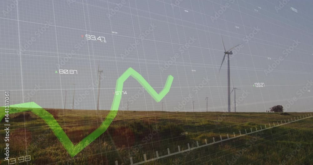 Poster digital grid overlay showing wind performance on grassy hills, with turbines and green line graph