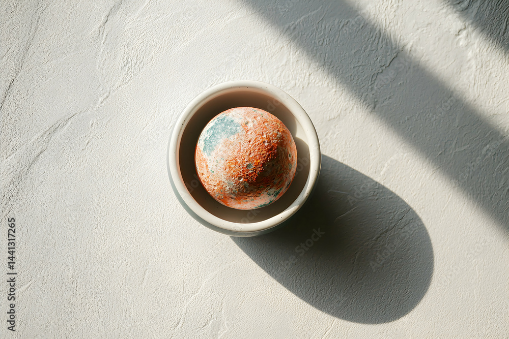 Poster a spherical object with a textured surface sits in a small bowl. the image uses natural light and sh