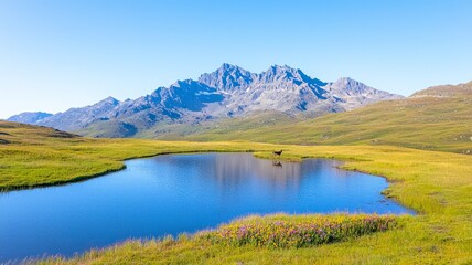 Serene Mountain Lake With Mountain Reflection Under Bright Sunlight