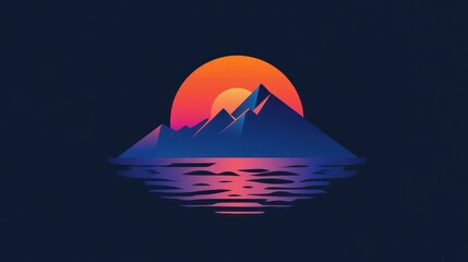 Retro sunset over mountains reflecting on water. Artistic