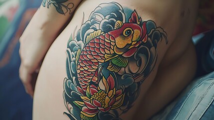 A woman has a tattoo of a fish on her leg