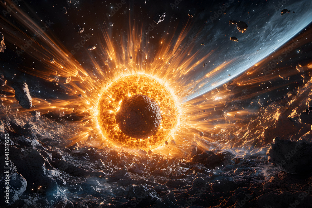Poster cosmic cataclysm depicts a celestial event. use this image for sci-fi projects space exploration vis