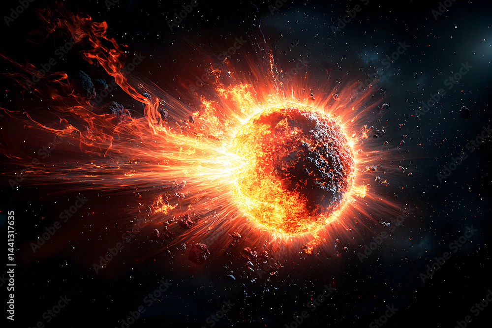 Poster a fiery celestial event unfolds. a star explodes creating a cosmic spectacle. ideal for sci-fi desig