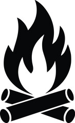 Black and white bold vector of a campfire, isolated on white background.