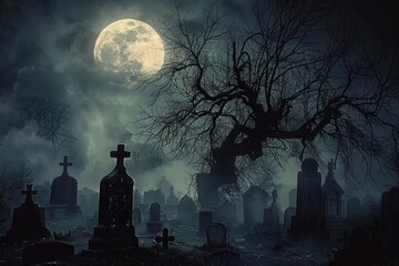 spooky nighttime cemetery scene with full moon, leafless twisted tree, and numerous old gravestones under cloudy sky