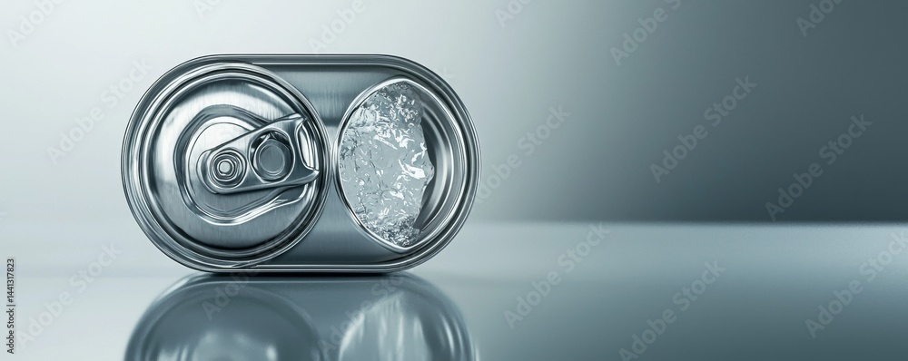Poster a close-up of a metallic soda can on a reflective surface with a smooth gradient background.
