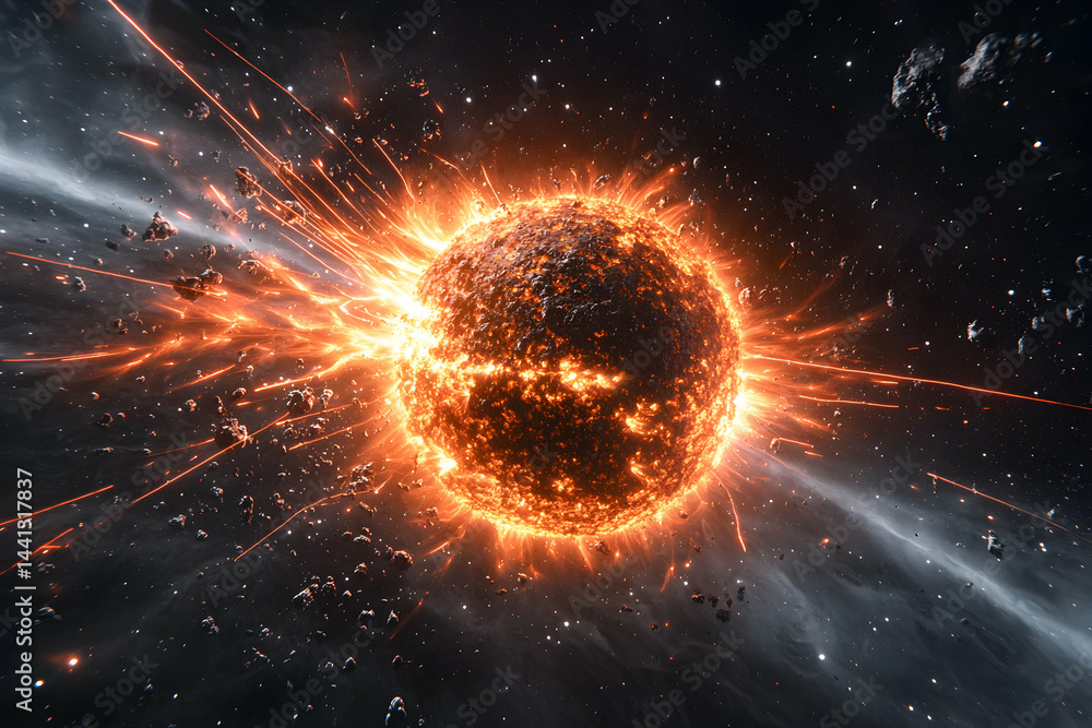 Poster this image portrays a celestial event likely a star explosion or impact. could illustrate science fi