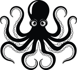 Black and white bold vector of a octopus, isolated on white background.