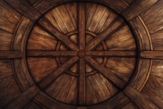 Detailed circular wooden ceiling design with radiating beams. - Powered by Adobe