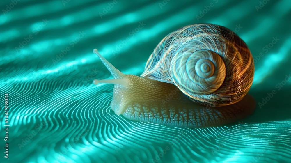 Poster a close-up view of a snail on a shimmering surface, showcasing intricate patterns.