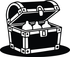Black and white bold vector of a treasure chest, isolated on white background.