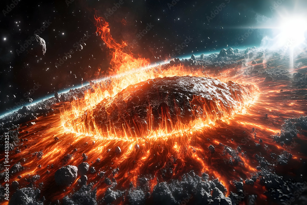 Poster depicts a celestial event with a planet being struck by a meteor. intense flames engulf the impact z