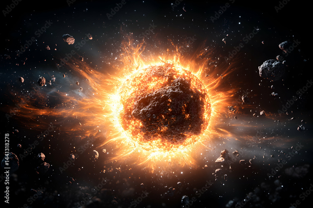 Poster an exploding celestial body in space with fire and asteroids. great for sci-fi concept art or space 